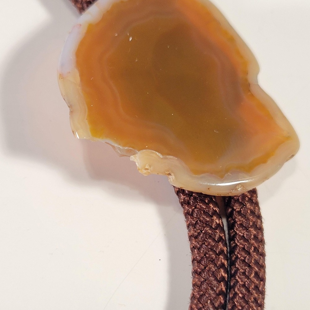Brown Agate Slice Bolo Tie Mens Western Brass Tips Brown Cord Adjustable - Picture 5 of 8